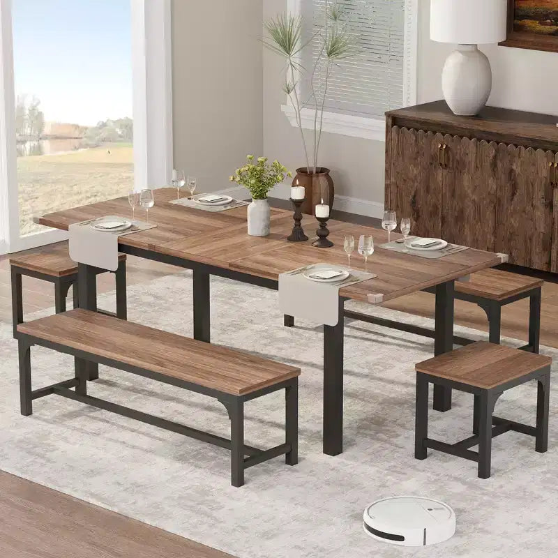 Set da Pranzo di 5 Pezzi per 4-6 Persone, Grande Tavolo da Pranzo Estensibile da 160 cm con Panche e Sgabelli