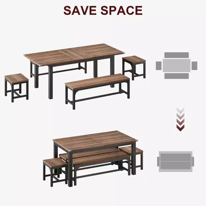 Set da Pranzo di 5 Pezzi per 4-6 Persone, Grande Tavolo da Pranzo Estensibile da 160 cm con Panche e Sgabelli