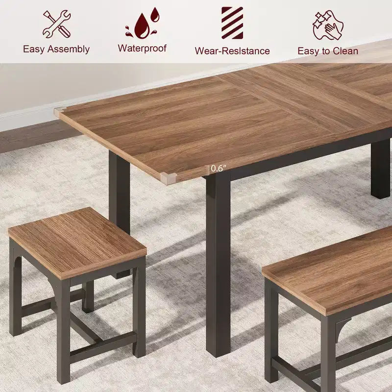 Set da Pranzo di 5 Pezzi per 4-6 Persone, Grande Tavolo da Pranzo Estensibile da 160 cm con Panche e Sgabelli