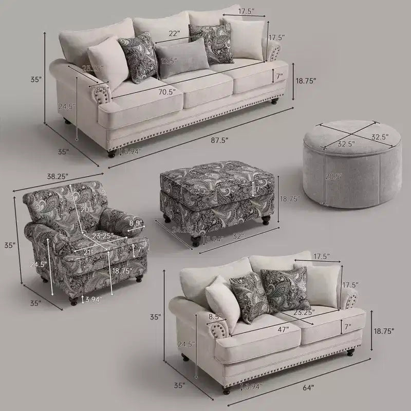 Piece Living Room Set, Modern Farmhouse Chenille Sofa and Loveseat with Nailhead Trim, Floral Accent Chair