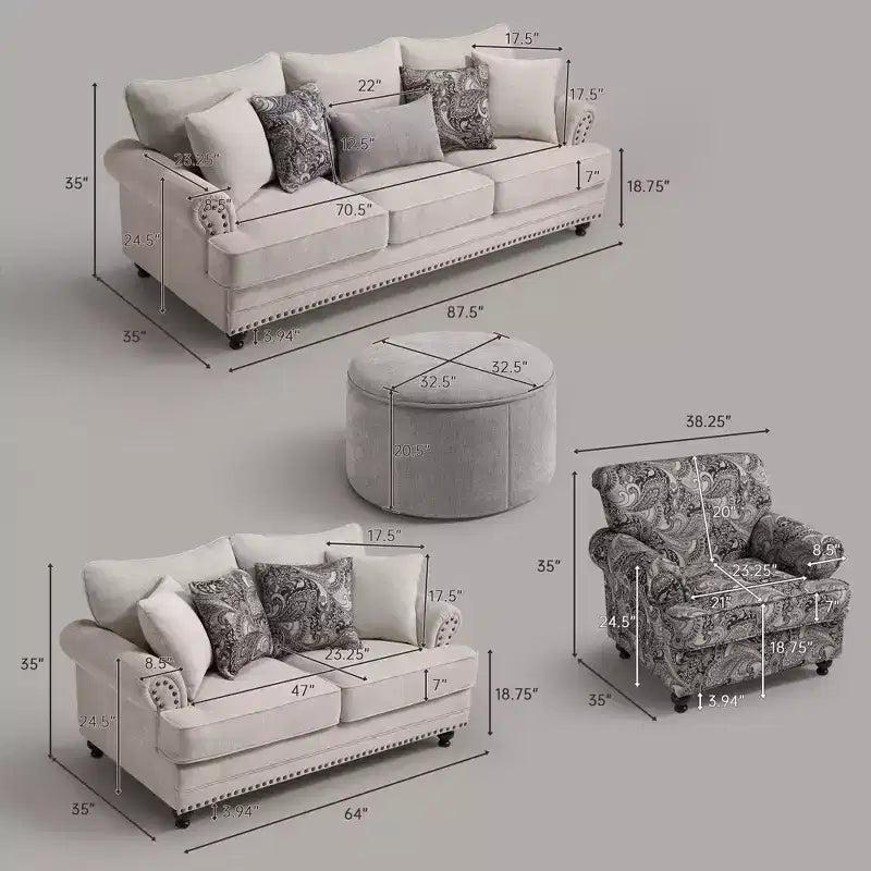 Piece Living Room Set, Modern Farmhouse Chenille Sofa and Loveseat with Nailhead Trim, Floral Accent Chair