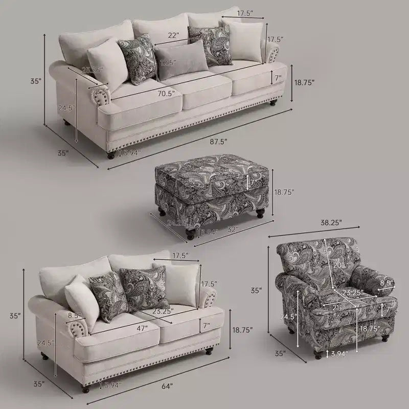 Piece Living Room Set, Modern Farmhouse Chenille Sofa and Loveseat with Nailhead Trim, Floral Accent Chair