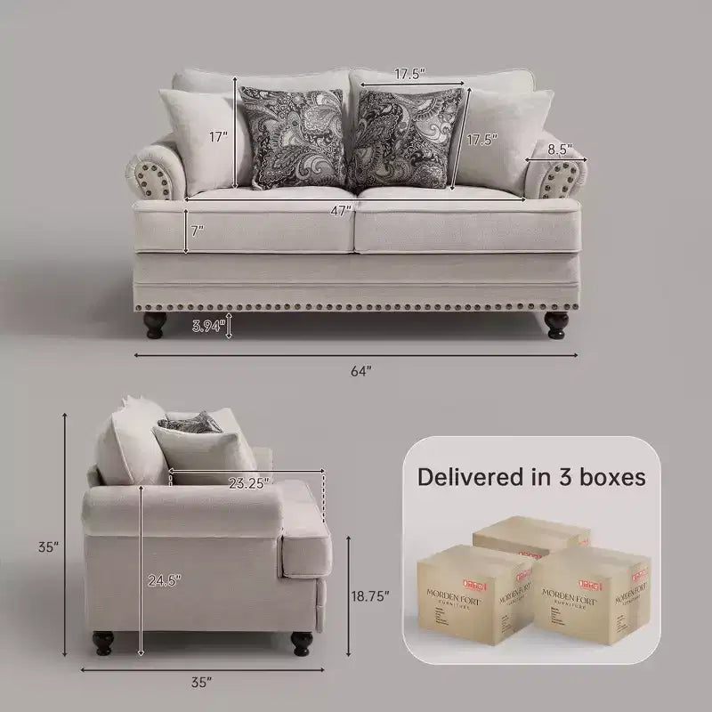 Piece Living Room Set, Modern Farmhouse Chenille Sofa and Loveseat with Nailhead Trim, Floral Accent Chair