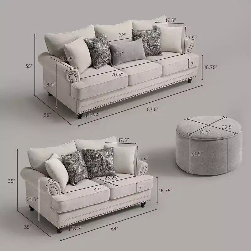 Piece Living Room Set, Modern Farmhouse Chenille Sofa and Loveseat with Nailhead Trim, Floral Accent Chair
