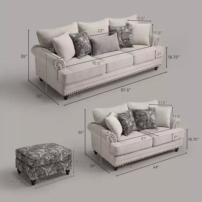 Piece Living Room Set, Modern Farmhouse Chenille Sofa and Loveseat with Nailhead Trim, Floral Accent Chair