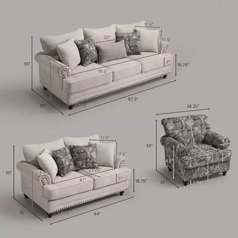Piece Living Room Set, Modern Farmhouse Chenille Sofa and Loveseat with Nailhead Trim, Floral Accent Chair