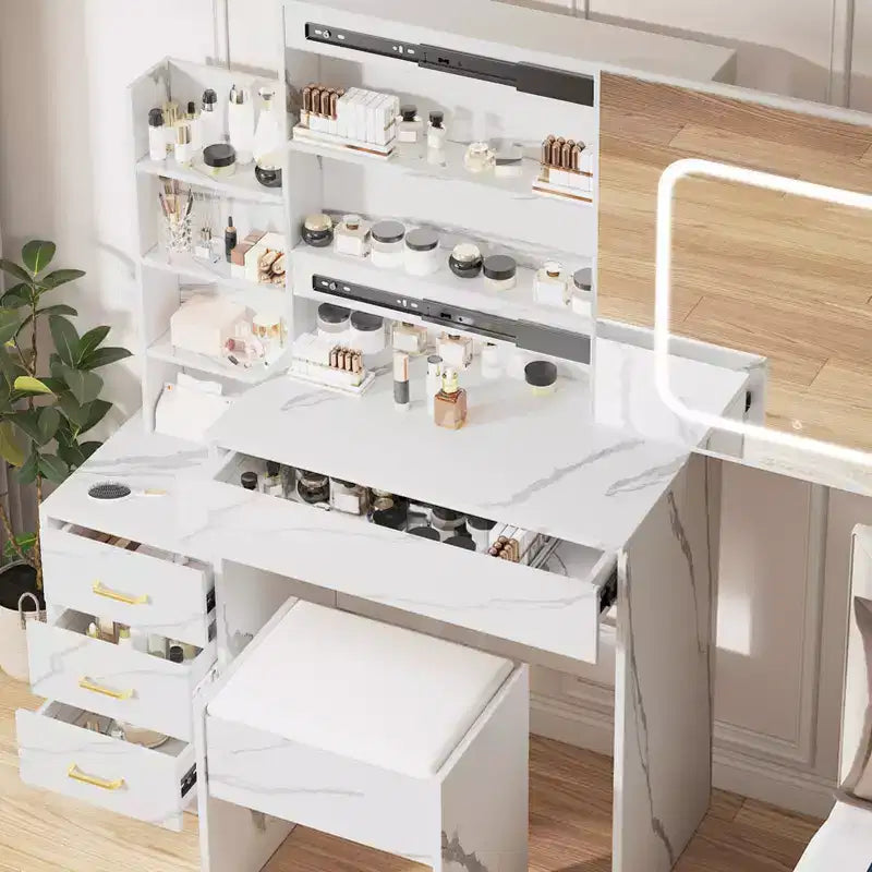 Toeletta con luci a LED, Toeletta per il trucco con specchio scorrevole, Tavolo da trucco con cassetti