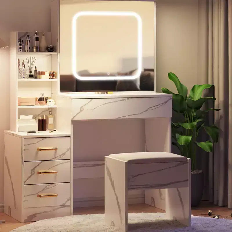 Toeletta con luci a LED, Toeletta per il trucco con specchio scorrevole, Tavolo da trucco con cassetti