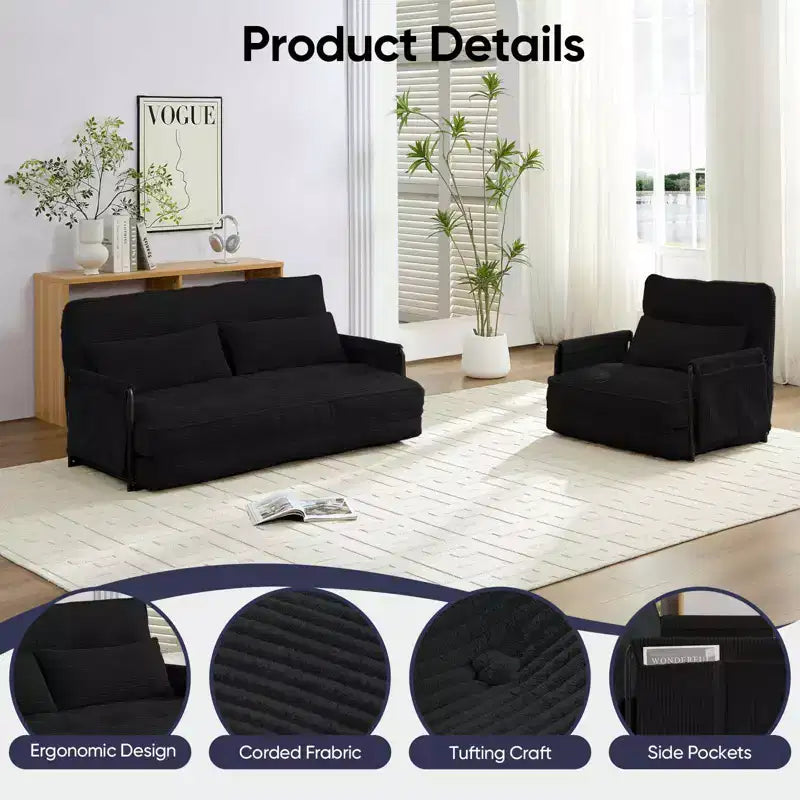 Mjkone multifunktionales Schlafsofa zum Zusammenklappen, Schlafsofa-Set für den Boden, bequemes Sofa mit Kissen, Rückenlehne mit 6 verstellbaren Positionen