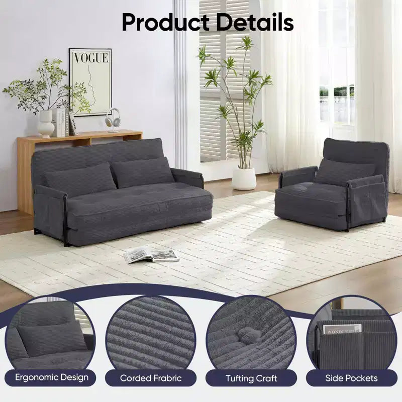 Mjkone multifunktionales Schlafsofa zum Zusammenklappen, Schlafsofa-Set für den Boden, bequemes Sofa mit Kissen, Rückenlehne mit 6 verstellbaren Positionen