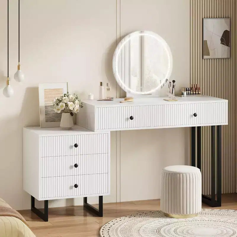 Toeletta con Specchio, Trucco Vanità con 5 Cassetti, 3 Colori Luci Luminosità Regolabile