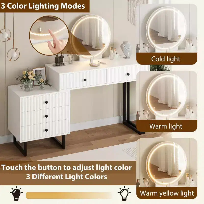 Toeletta con Specchio, Trucco Vanità con 5 Cassetti, 3 Colori Luci Luminosità Regolabile