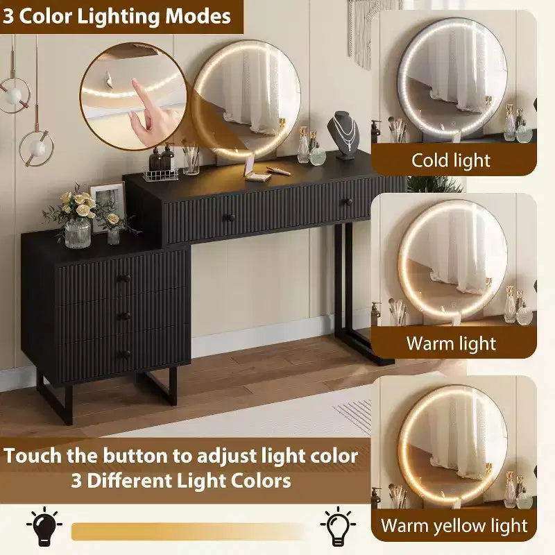 Toeletta con Specchio, Trucco Vanità con 5 Cassetti, 3 Colori Luci Luminosità Regolabile