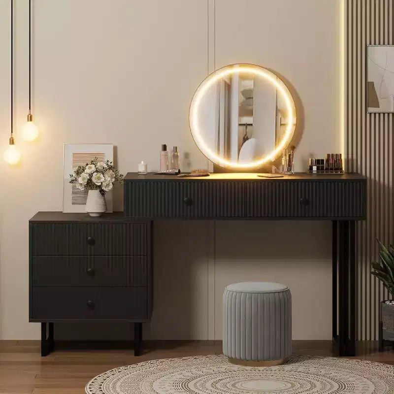 Toeletta con Specchio, Trucco Vanità con 5 Cassetti, 3 Colori Luci Luminosità Regolabile
