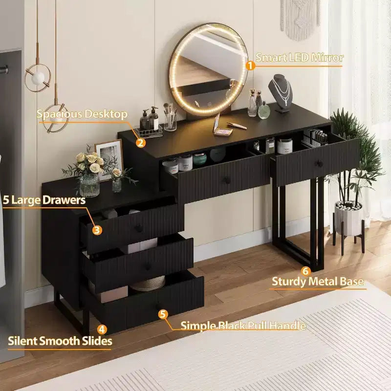 Toeletta con Specchio, Trucco Vanità con 5 Cassetti, 3 Colori Luci Luminosità Regolabile