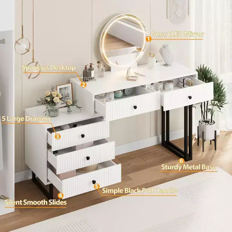 Toeletta con Specchio, Trucco Vanità con 5 Cassetti, 3 Colori Luci Luminosità Regolabile