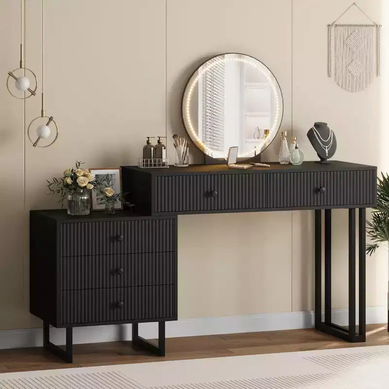 Vanity Desk with Mirror, Makeup Vanity with 5 Drawers, 3 Color LightsAdjustable Brightness