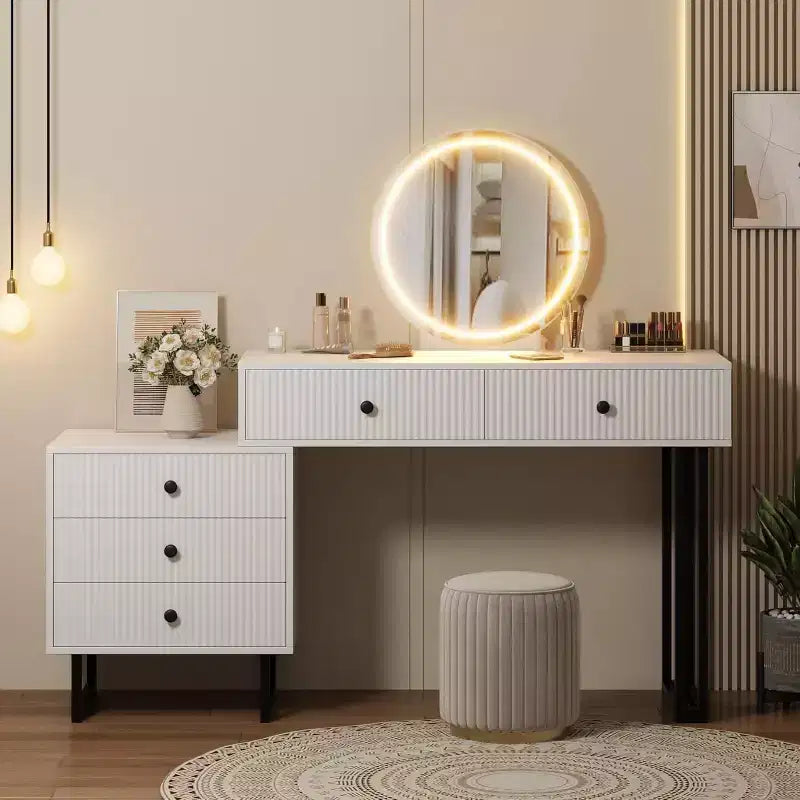Toeletta con Specchio, Trucco Vanità con 5 Cassetti, 3 Colori Luci Luminosità Regolabile