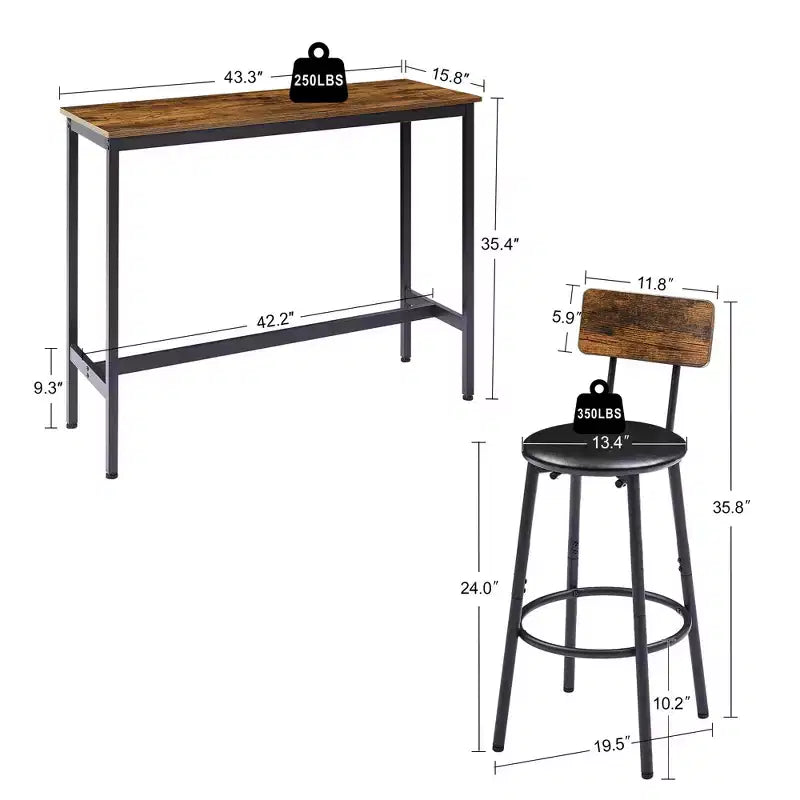 Set da 3 Pezzi Tavolo da Bar Rustico GDFStudio Briar con Sgabelli da Bar Imbottiti in Similpelle