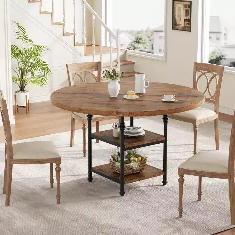 Tavolo da Pranzo Rotondo per 4-6 Persone, Tavolo da Cucina Rotondo in Legno, Tavolo da Pranzo Moderno a 3 Strati con Ripiani, per Sala da Pranzo, Soggiorno (Solo Tavolo)