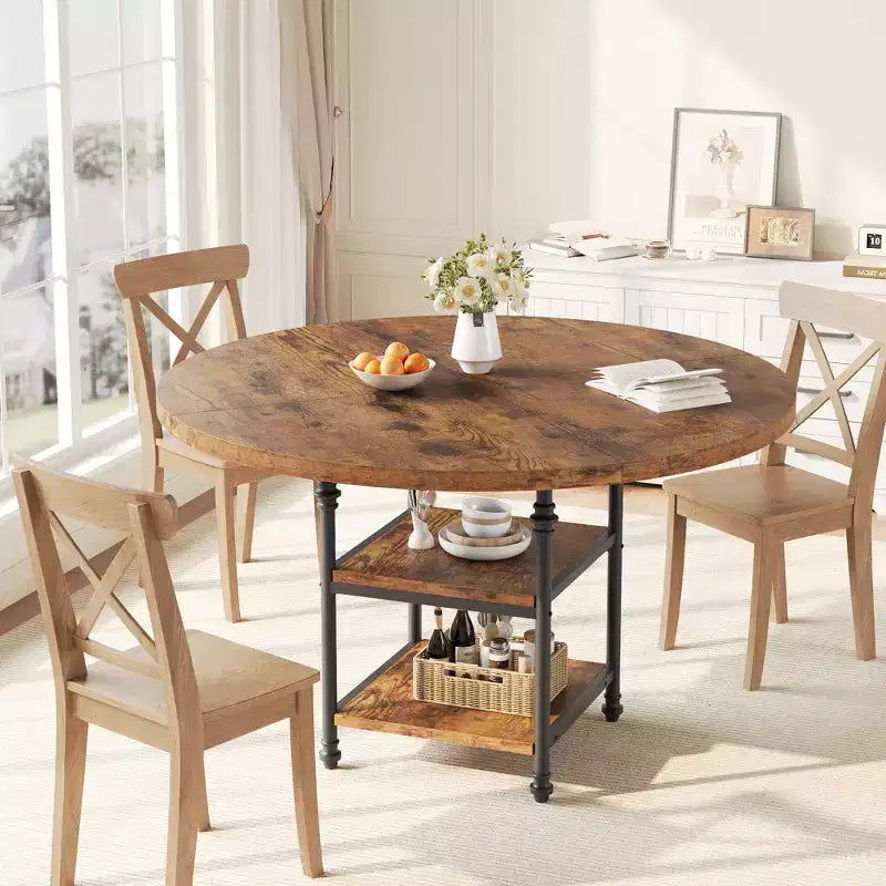 Tavolo da Pranzo Rotondo per 4-6 Persone, Tavolo da Cucina Rotondo in Legno, Tavolo da Pranzo Moderno a 3 Strati con Ripiani, per Sala da Pranzo, Soggiorno (Solo Tavolo)