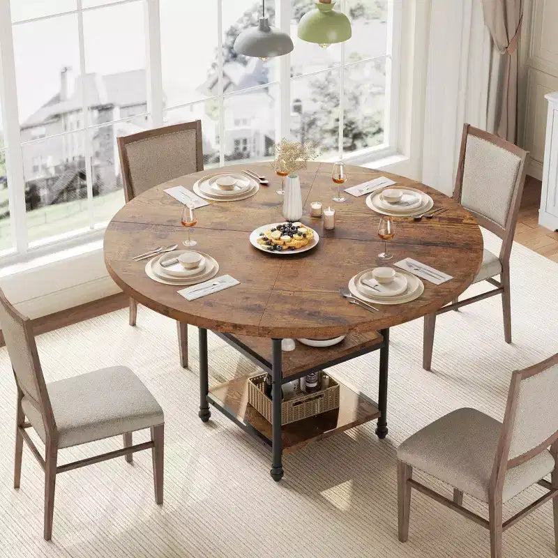 Tavolo da Pranzo Rotondo per 4-6 Persone, Tavolo da Cucina Rotondo in Legno, Tavolo da Pranzo Moderno a 3 Strati con Ripiani, per Sala da Pranzo, Soggiorno (Solo Tavolo)