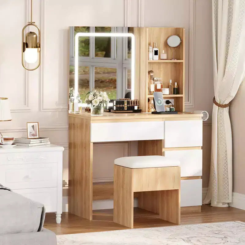 Toeletta con Specchio e Luce LED, Toeletta con 4 Cassetti, Presa di Corrente, Sgabello Contenitore, Scaffali e Porta Asciugacapelli