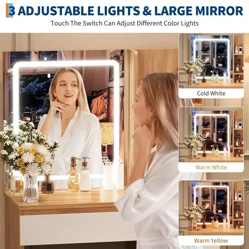 Toeletta con Specchio e Luce LED, Toeletta con 4 Cassetti, Presa di Corrente, Sgabello Contenitore, Scaffali e Porta Asciugacapelli