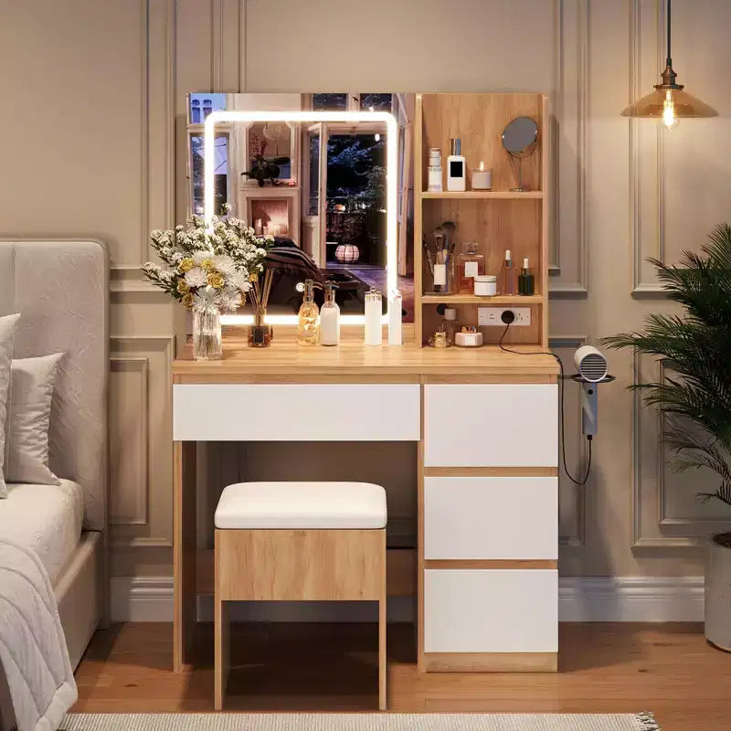 Toeletta con Specchio e Luce LED, Toeletta con 4 Cassetti, Presa di Corrente, Sgabello Contenitore, Scaffali e Porta Asciugacapelli