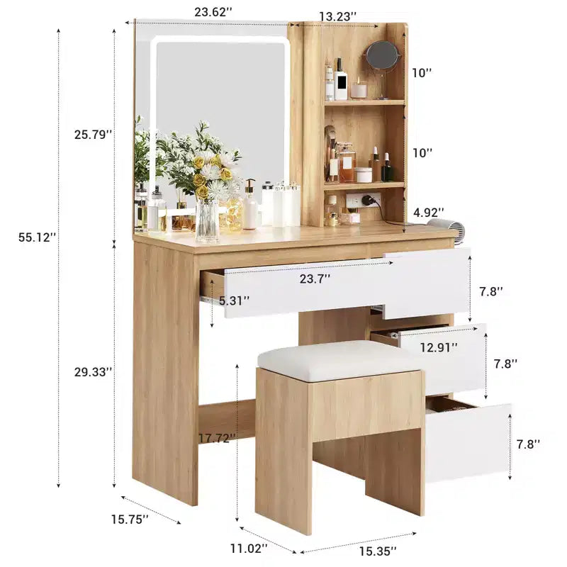 Toeletta con Specchio e Luce LED, Toeletta con 4 Cassetti, Presa di Corrente, Sgabello Contenitore, Scaffali e Porta Asciugacapelli