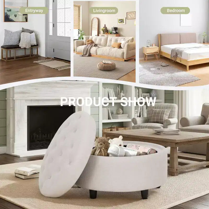 Pouf Contenitore Tondo in Tessuto 3 in 1 25x25 con Coperchio a Vassoio Reversibile, Poggiapiedi e Tavolino da Caffè con Vano Contenitore Nascosto