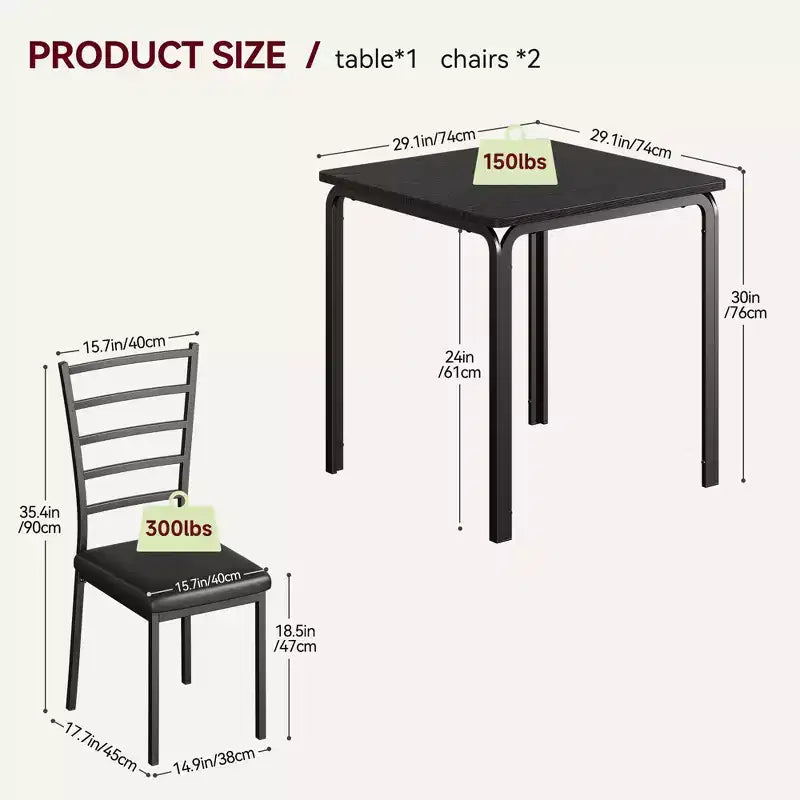 Set Tavolo e Sedie 3 Pezzi per Spazi Piccoli, Sala da Pranzo Cucina, Set Dinette Moderno da Interno per 2 Persone, Set Tavolo da Pranzo Quadrato per Dinette