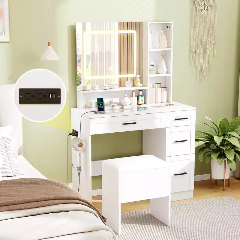 Costway 35,5 Set da Tavolo per Trucco Scrivania da Toilette con Specchio e Luci 2 Ripiani Aperti Piano in Vetro