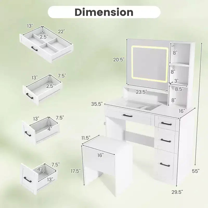 Costway 35,5 Set da Tavolo per Trucco Scrivania da Toilette con Specchio e Luci 2 Ripiani Aperti Piano in Vetro