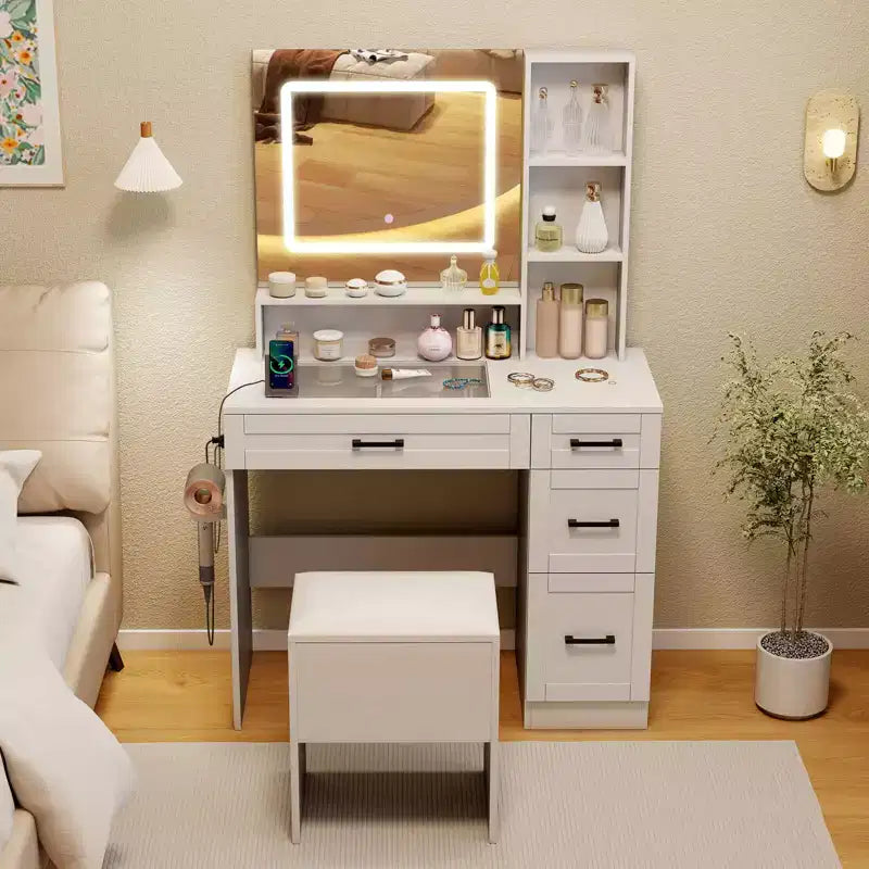 Costway 35,5 Set da Tavolo per Trucco Scrivania da Toilette con Specchio e Luci 2 Ripiani Aperti Piano in Vetro
