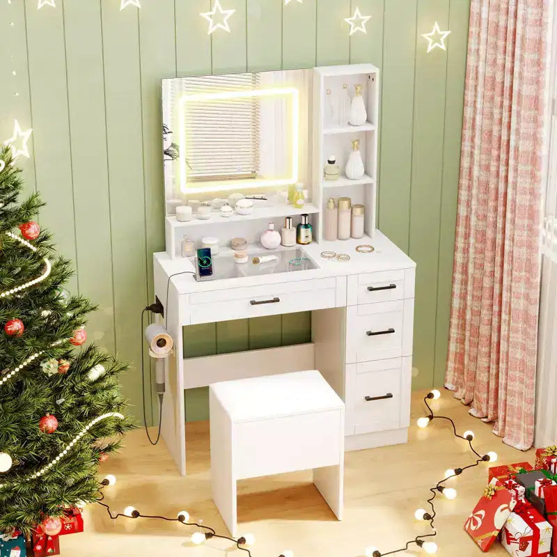 Costway 35,5 Set da Tavolo per Trucco Scrivania da Toilette con Specchio e Luci 2 Ripiani Aperti Piano in Vetro