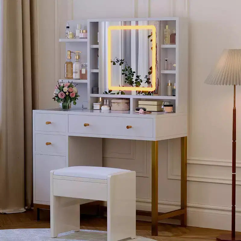Specchiera da Trucco con Specchio Illuminato a LED e Presa di Corrente, 3 Modalità di Illuminazione, Tavolo da Trucco con Piano in Acrilico Bianco
