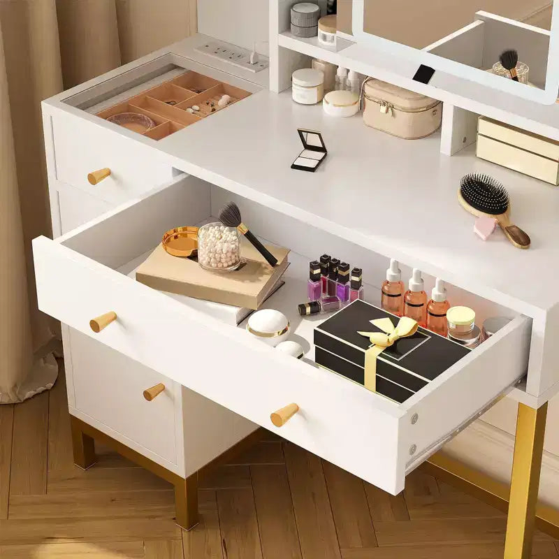Specchiera da Trucco con Specchio Illuminato a LED e Presa di Corrente, 3 Modalità di Illuminazione, Tavolo da Trucco con Piano in Acrilico Bianco