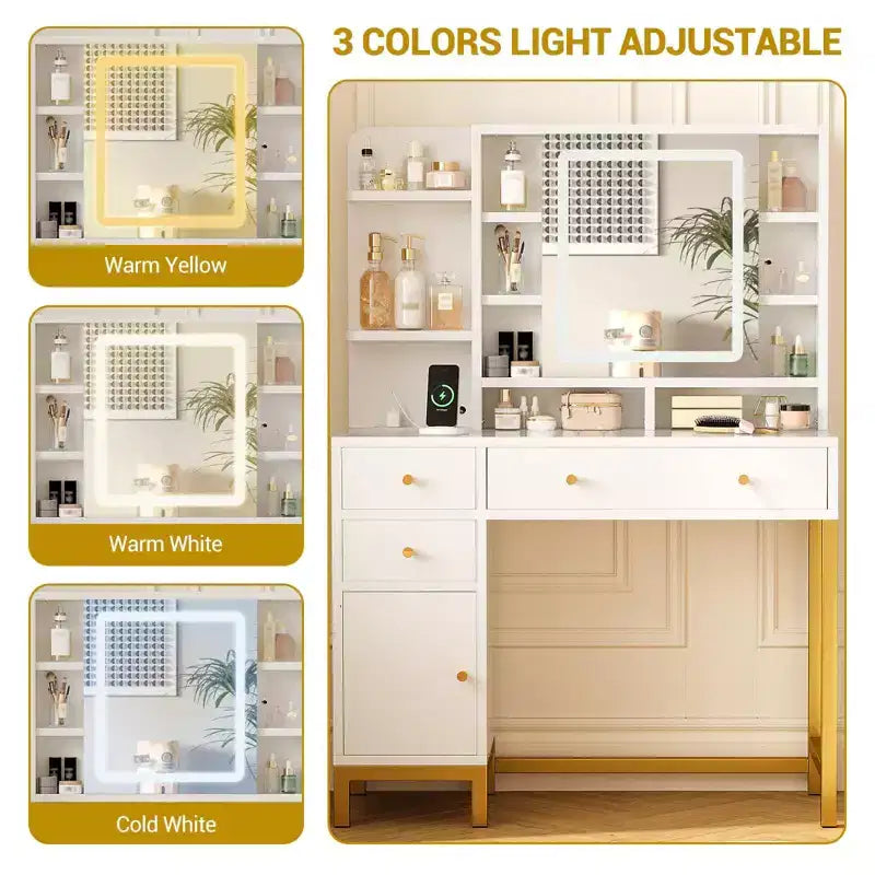 Specchiera da Trucco con Specchio Illuminato a LED e Presa di Corrente, 3 Modalità di Illuminazione, Tavolo da Trucco con Piano in Acrilico Bianco