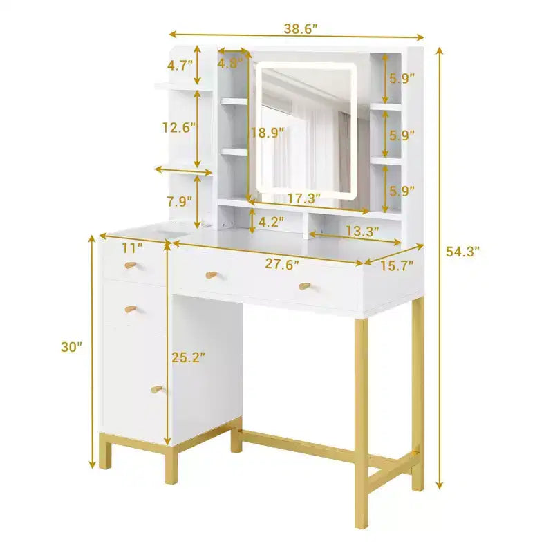 Specchiera da Trucco con Specchio Illuminato a LED e Presa di Corrente, 3 Modalità di Illuminazione, Tavolo da Trucco con Piano in Acrilico Bianco