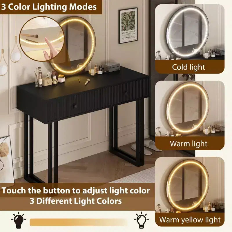 Toeletta con Specchio e Luci, Trucco Vanity con 2 Cassetti, Organizzatore Vanity Moderno con 3 Luci a Colori