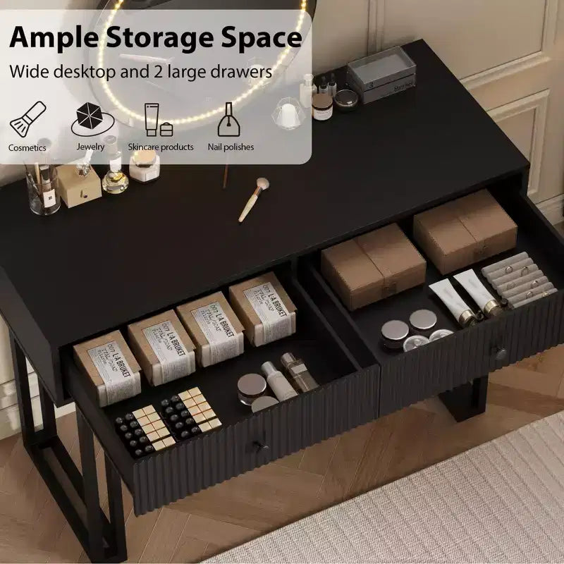 Toeletta con Specchio e Luci, Trucco Vanity con 2 Cassetti, Organizzatore Vanity Moderno con 3 Luci a Colori
