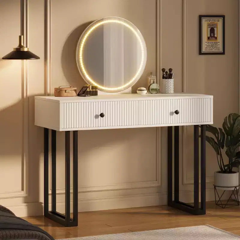 Toeletta con Specchio e Luci, Trucco Vanity con 2 Cassetti, Organizzatore Vanity Moderno con 3 Luci a Colori