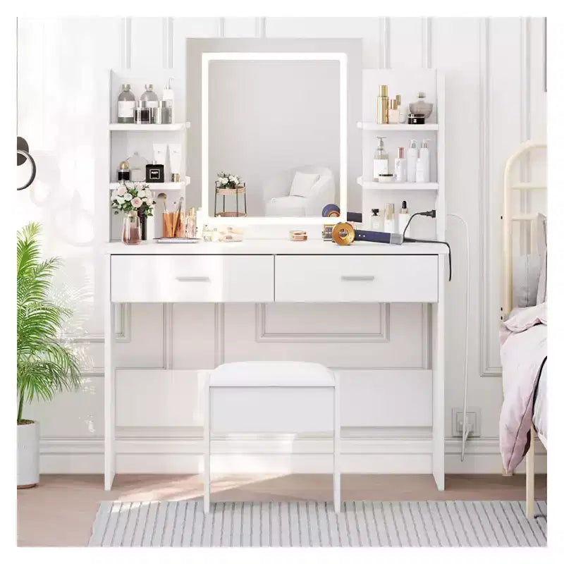 Set da toeletta CuisinSmart, tavolino da trucco con 3 modalità di illuminazione, sgabello imbottito, 2 cassetti, ripiani aperti, toletta moderna per camera da letto
