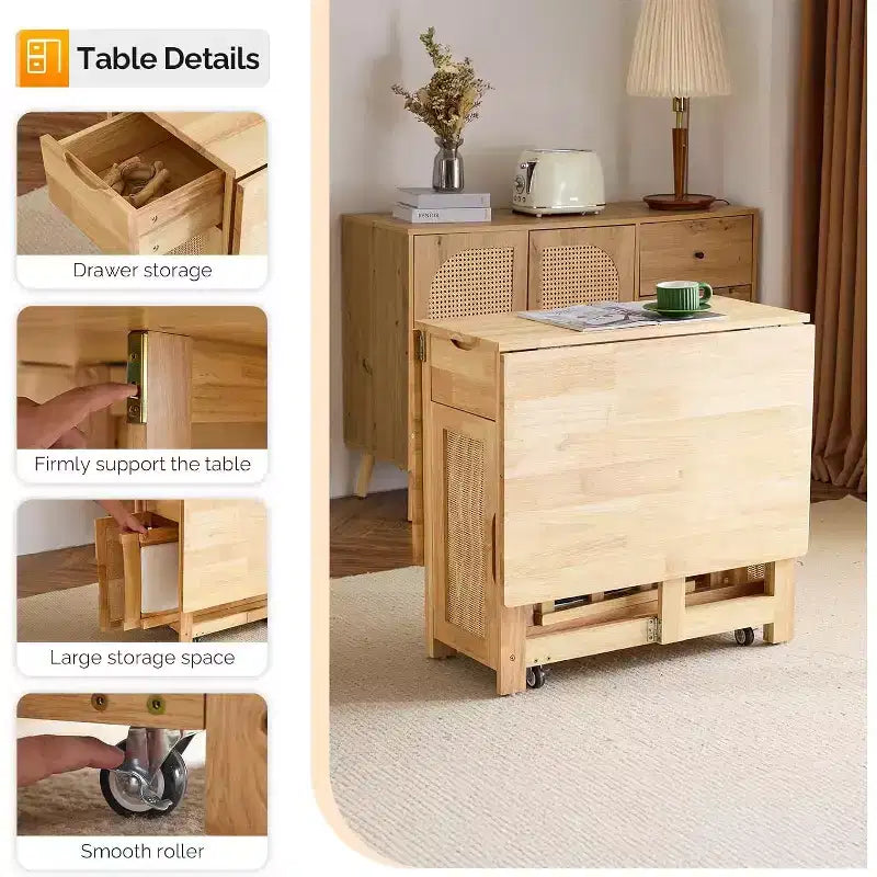 Set tavolo da pranzo pieghevole VINGLI, tavolo allungabile con ante a ribalta in legno massello con 4 sedie, cassetti e ruote, salvaspazio per cucina