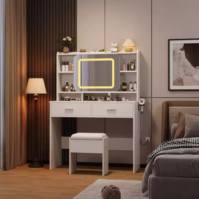 Dressing Table Glam Vanity Set with Sliding Mirror & Stool, Vanity Desk with Mirror Features 3-Color LED Lights