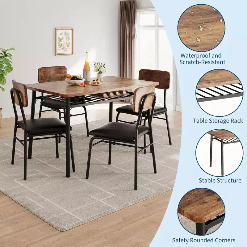 Set moderno da tavolo da pranzo per 4 persone, set da cucina di 5 pezzi con struttura in metallo, 4 sedie imbottite e scaffale portaoggetti per piccoli spazi, appartamento