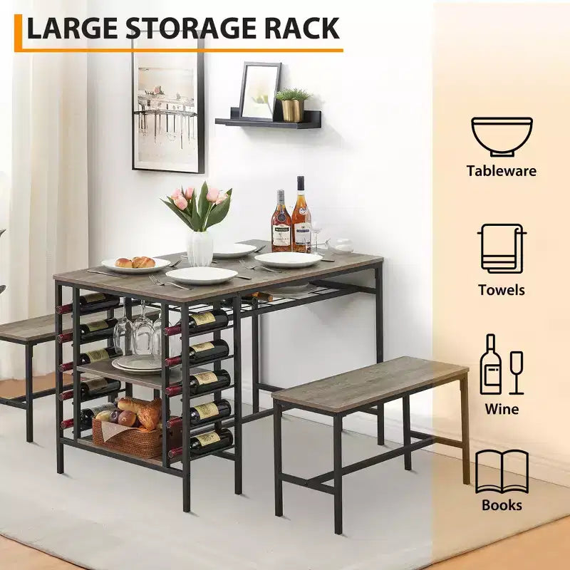 Set Tavolo da Pranzo CuisinSmart per 4 Persone, Tavolo da Cucina con 2 Panche, Set Tavolo da Sala da Pranzo con Portabottiglie, Marrone, Nero, Grigio