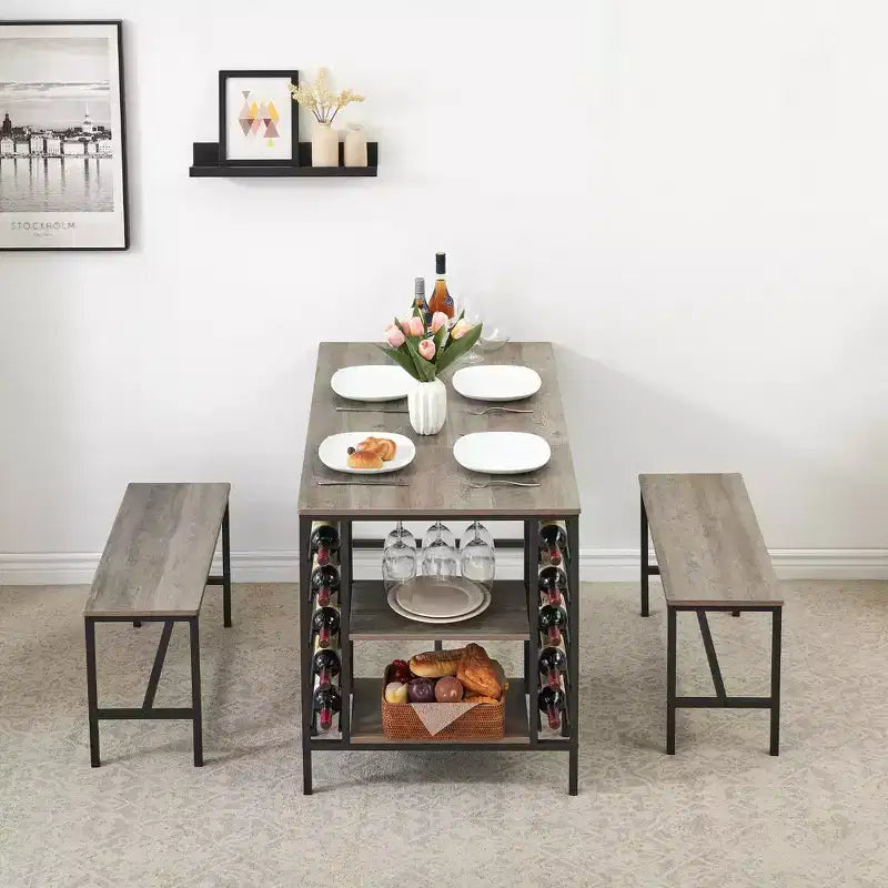 Set Tavolo da Pranzo CuisinSmart per 4 Persone, Tavolo da Cucina con 2 Panche, Set Tavolo da Sala da Pranzo con Portabottiglie, Marrone, Nero, Grigio