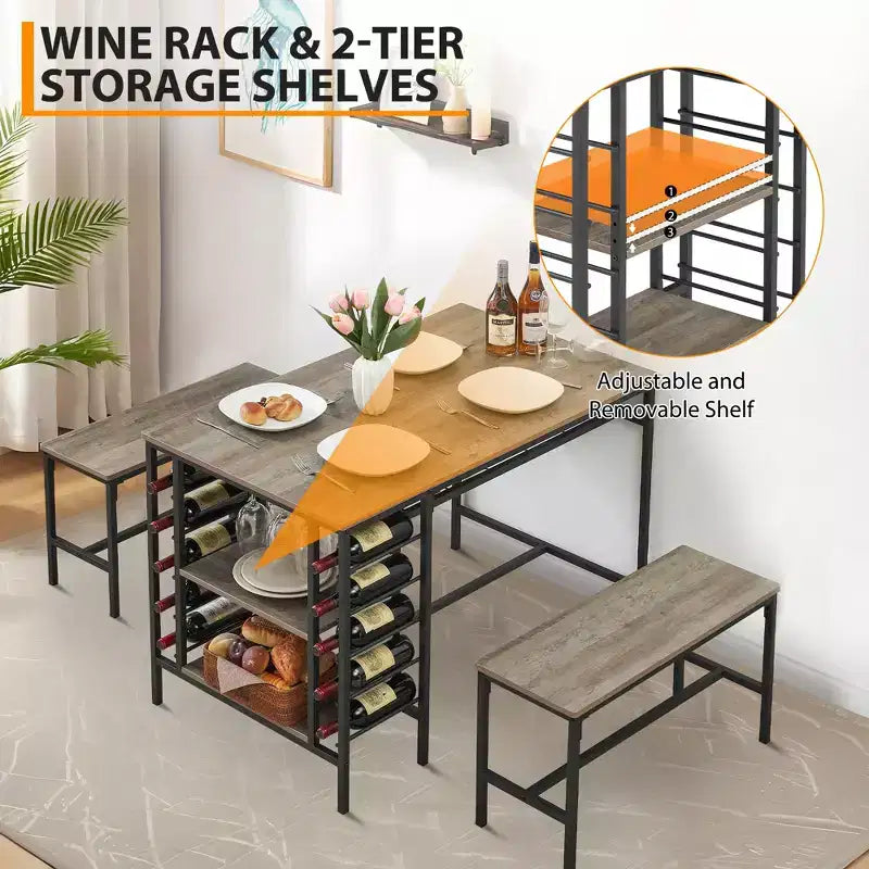 Set Tavolo da Pranzo CuisinSmart per 4 Persone, Tavolo da Cucina con 2 Panche, Set Tavolo da Sala da Pranzo con Portabottiglie, Marrone, Nero, Grigio